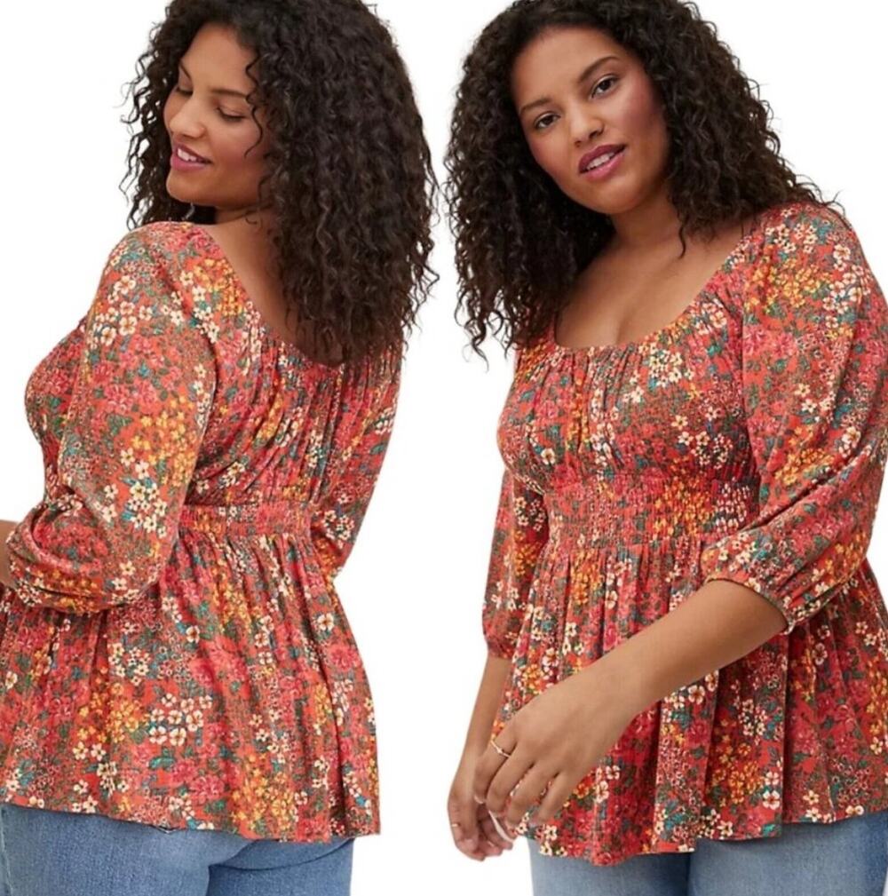 Torrid NEW Floral Smocked Romantic Top Womens Size 2X Orange Babydoll Blouse
